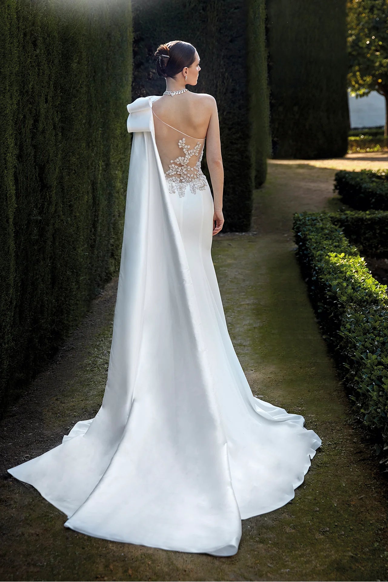 Dress For Wedding Sheer Back One-shoulder Asymmetric Neck Mermaid With Big Bow Side Cape Wedding Dress Formal Women's Dresses